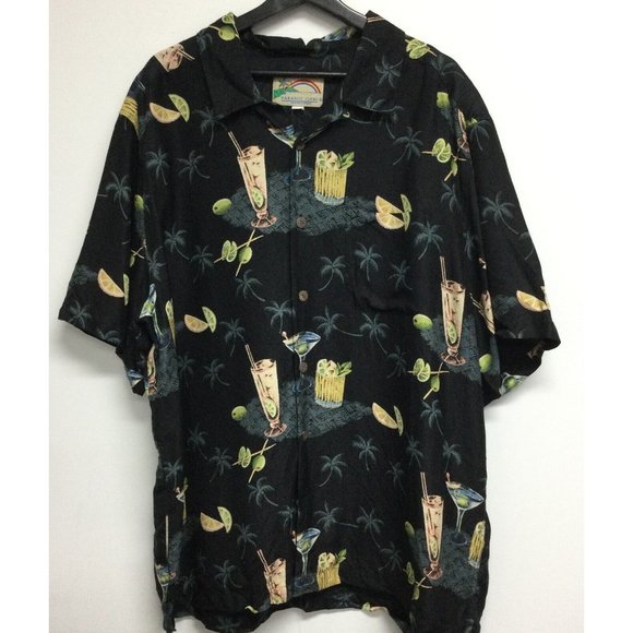 Vtg Paradise Found Mens Silk Hawaiian Button Up Shirt Size XXL Black Cocktails